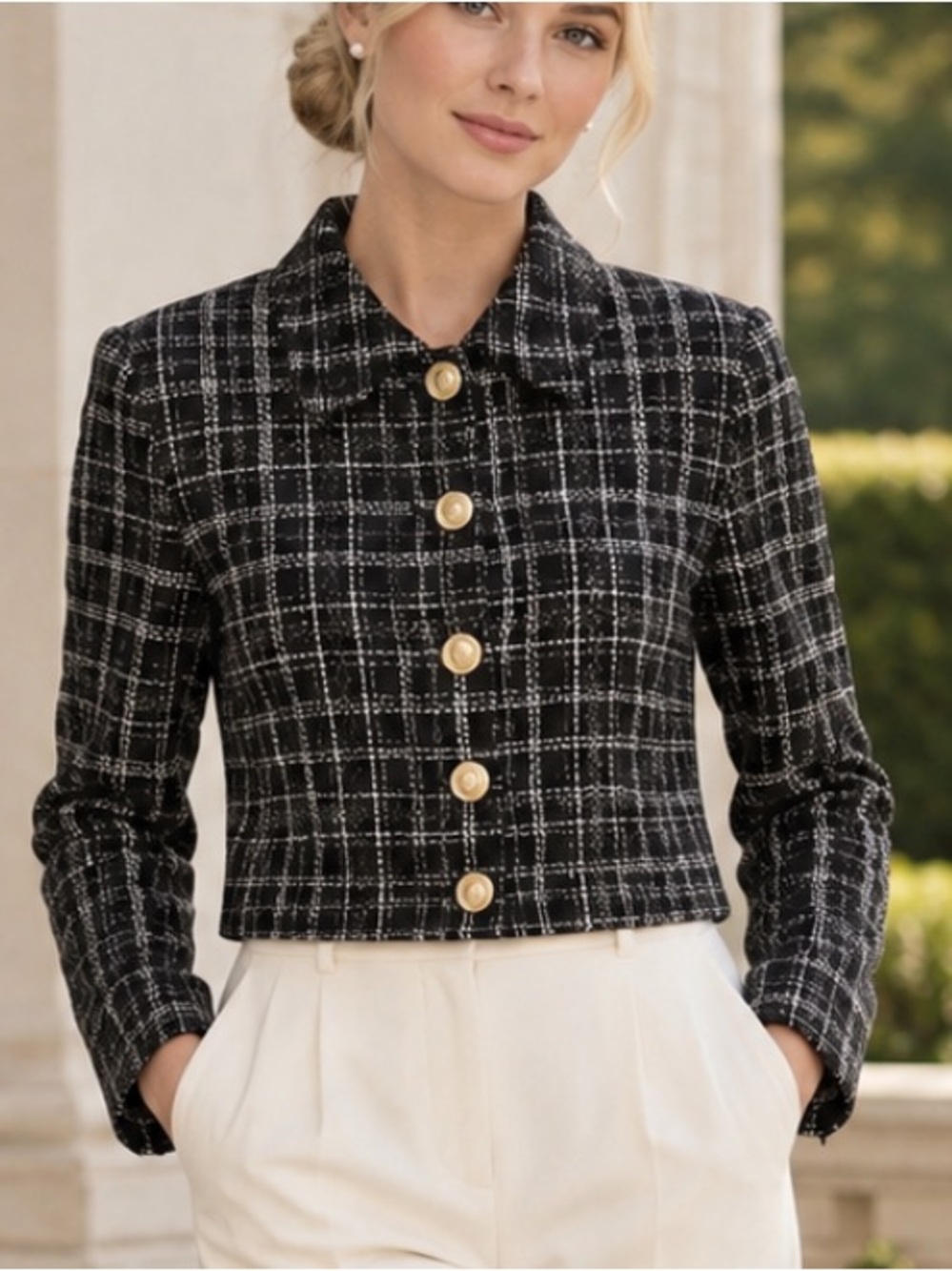 ZARA Black Tartan Plaid Gold Button-Front Blazer Jacket Size Medium 34129